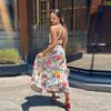 Women Sexy Printed Halter Skirt Suits Summer Sleeveless Backless Crop Top Single Breasted Split Skirts Two Piece Sets