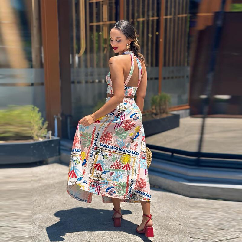 Women Sexy Printed Halter Skirt Suits Summer Sleeveless Backless Crop Top Single Breasted Split Skirts Two Piece Sets