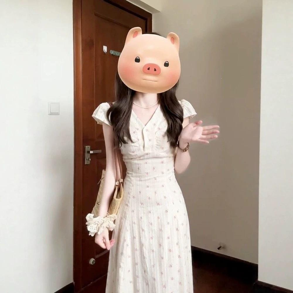 Summer New French V-neck Floral Dress Femininity Vacation Style Waist Thin a Word Long Skirt Women's Clothing