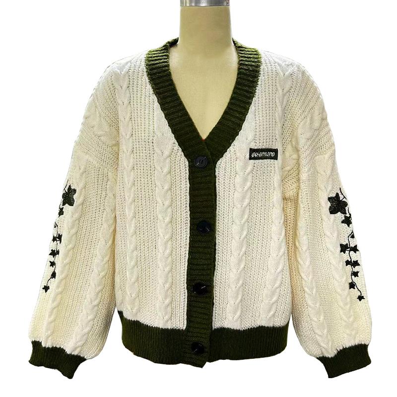 Fall Winter Vintage Outfit Cardigan Green Vine Embroidered Button Down Cable Knit Lantern Sleeve Sweater Loose Casual Woolen Cardigan Jacket