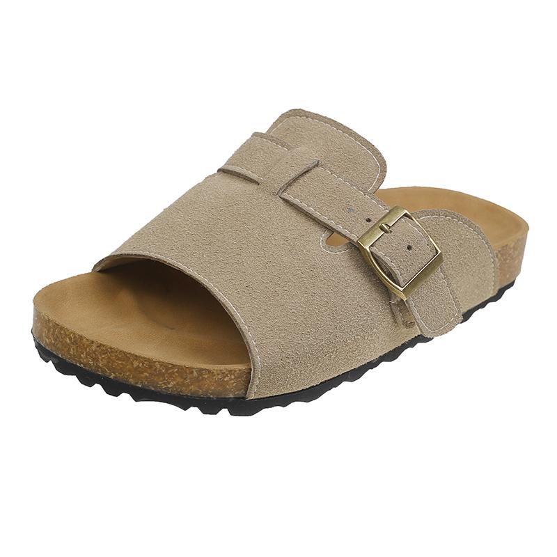 Summer New Sandals Women Round Head Open Toe Suede Metal Buckle Anti-slip Wear-resistant Flat Slippers