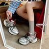 Two-color shoelaces Korean version of thick-soled color matching dad shoes 2025 spring middle heel mesh splicing sports and leisure single shoes women
