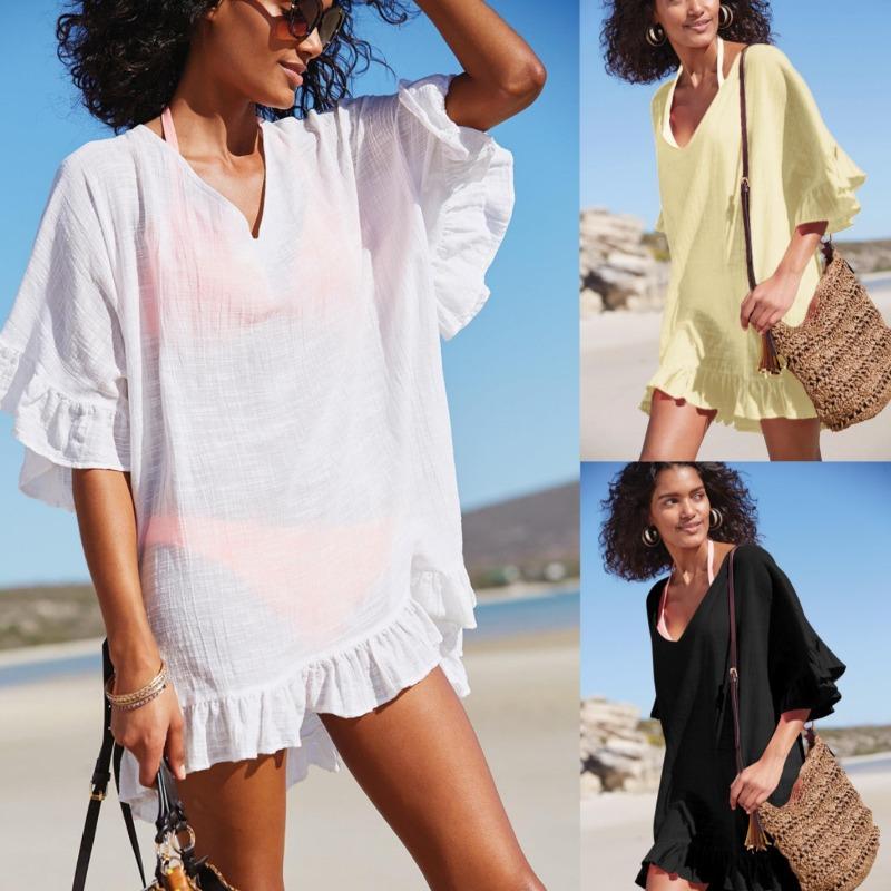 

Vacation Beach Shirt, Sun Protection Shirt, Ruffled Loose Cover Shirt S білий