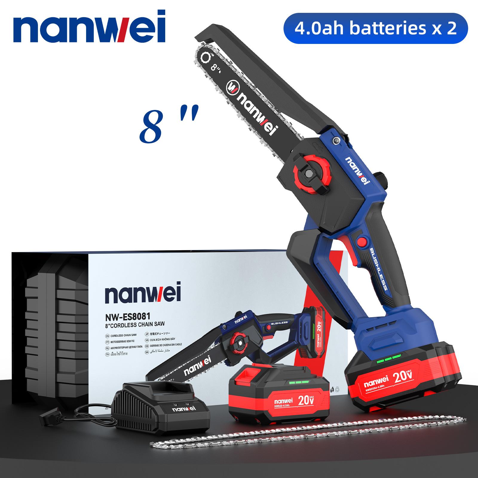

NANWEI 8-дюймовая электрическая цепная пила 5800 об/мин, Скорость 8 м/с, Ручное нажатие 4.0ah battery x2