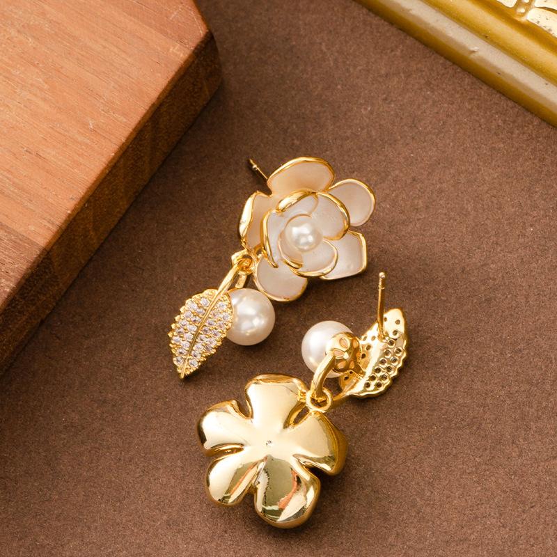French fashion exquisite asymmetrical drop glaze inlaid pearl rose flower stud earrings women's high sense versatile temperament earrings