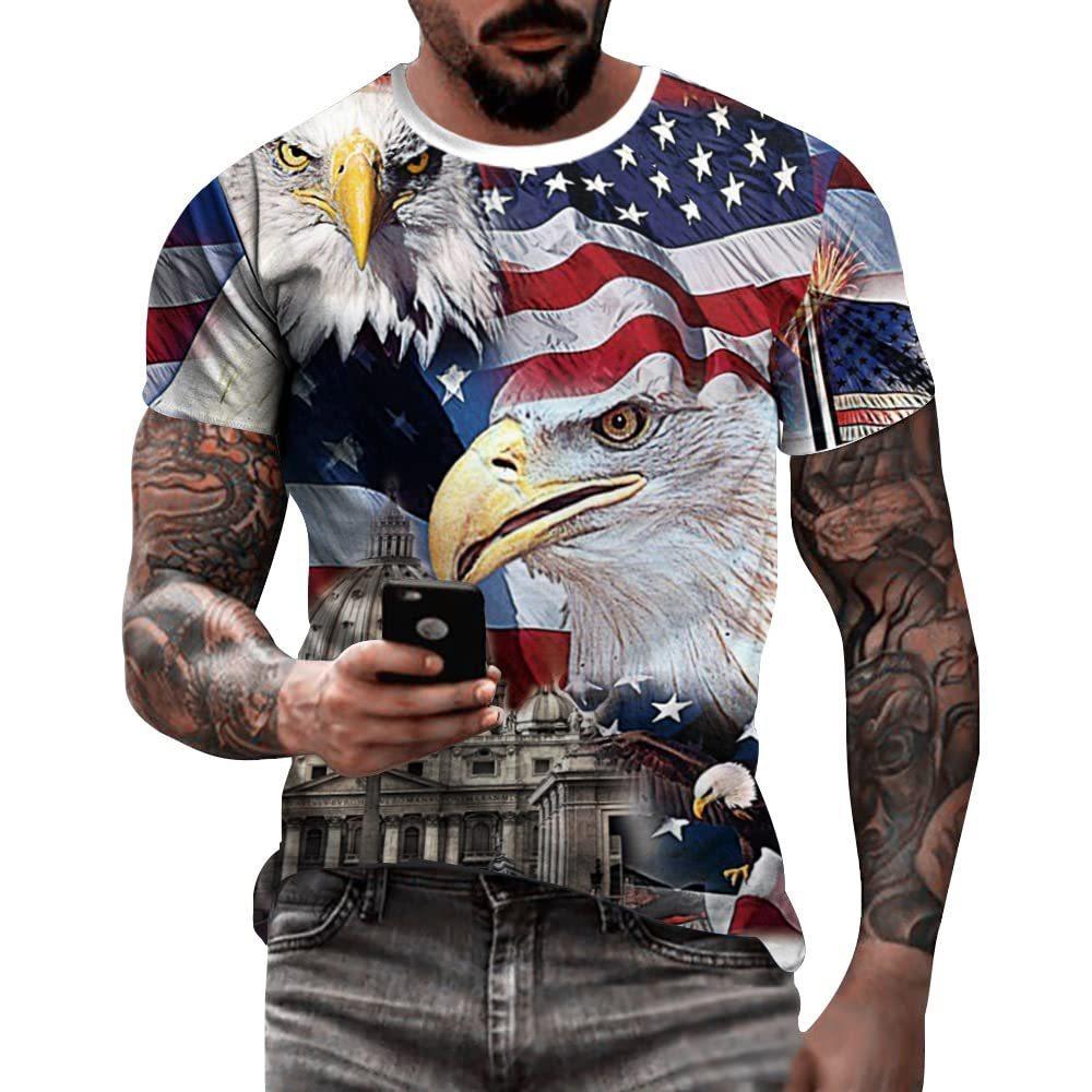 Flag and Eagle Pattern 3D Digital Printing Men's Fashionable Round Neck Short Sleeved T-shirt