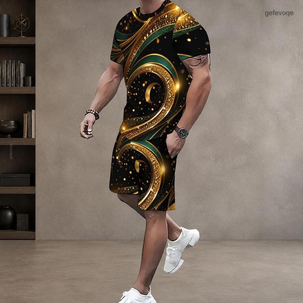 Men s Plus Size Round Neck Short Sleeve Printed Top And Drawstring Shorts With Pockets Two Piece Set Black Blue Green