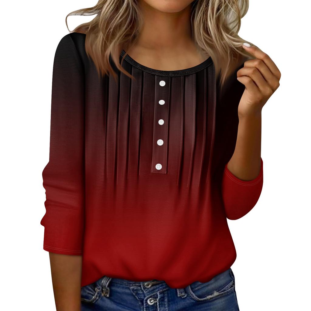 Women's Round Neck Pull Stripe Decorative Button Top Casual Solid Color 3/4 Sleeve T Shirt