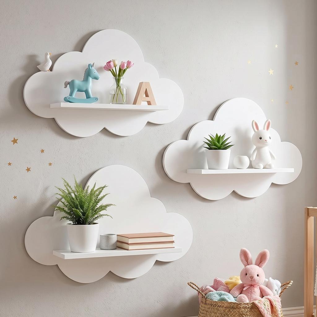 3Pcs Cloud-shaped Modern Wall Bookshelf Multifunctional Modern Style Wooden Wall Storage Rack for Living Room Display Stands