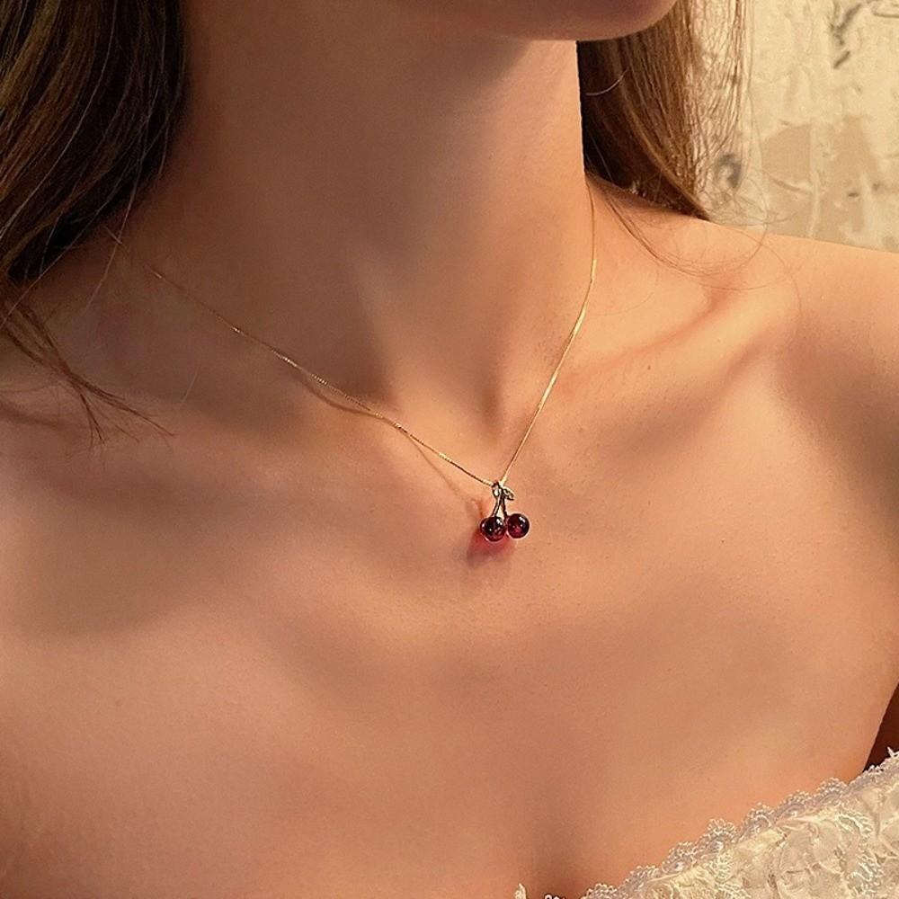 Red Cherry Fruit Chain Necklace Jewery Accessories Necklace Jewery Cherry Pendant Necklace  Party