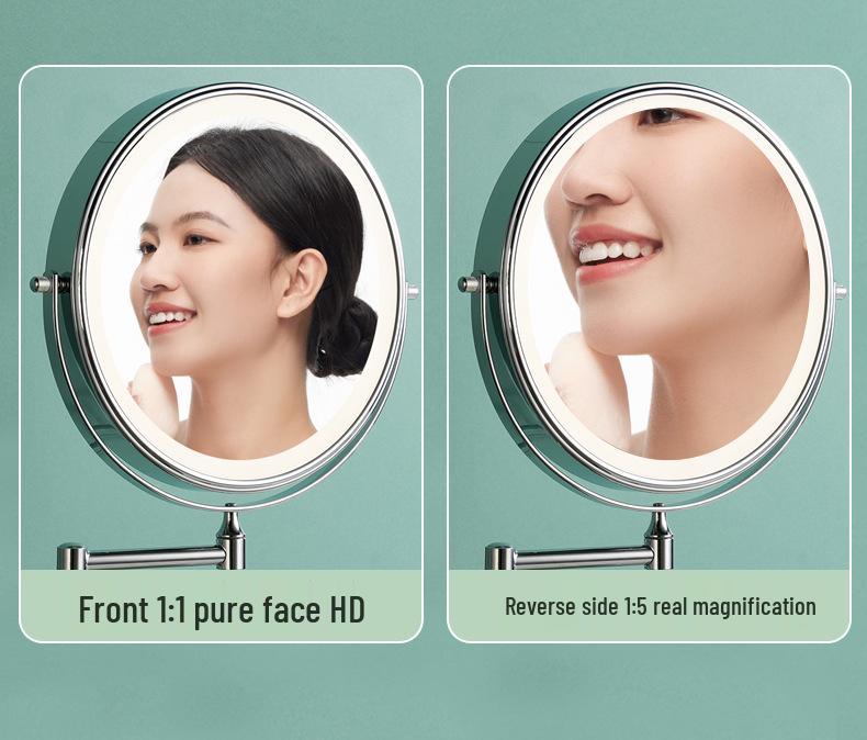 8" Wall-Mounted Folding LED Vanity Mirror - Double-Sided, Lighted, Magnifying for Bathroom Makeup