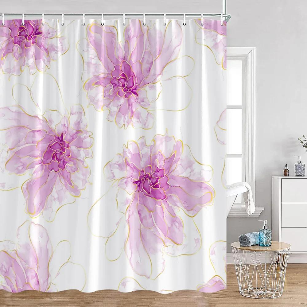 Simple Style Flower and Leaf Shower Curtain Golden Line Abstract Bathroom Decoration Modern Polyester Fabric Shower Curtain