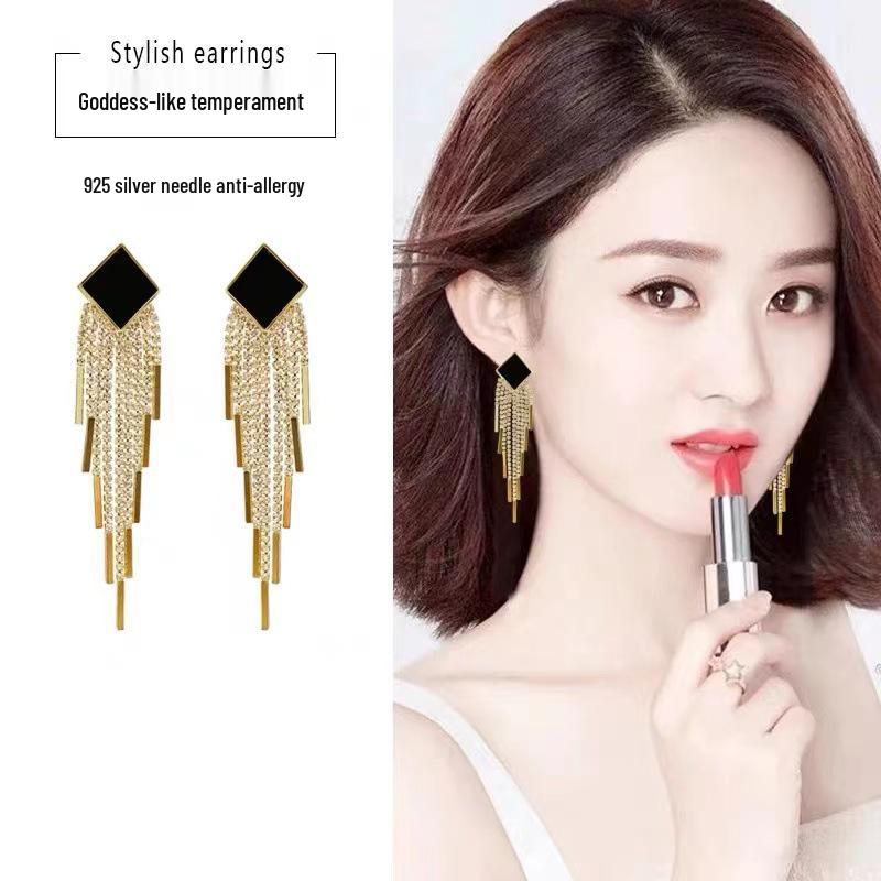 Exaggerated Square Long Tassel Earrings with 925 Silver Needle - Fashionable Luxury Statement for Socialites