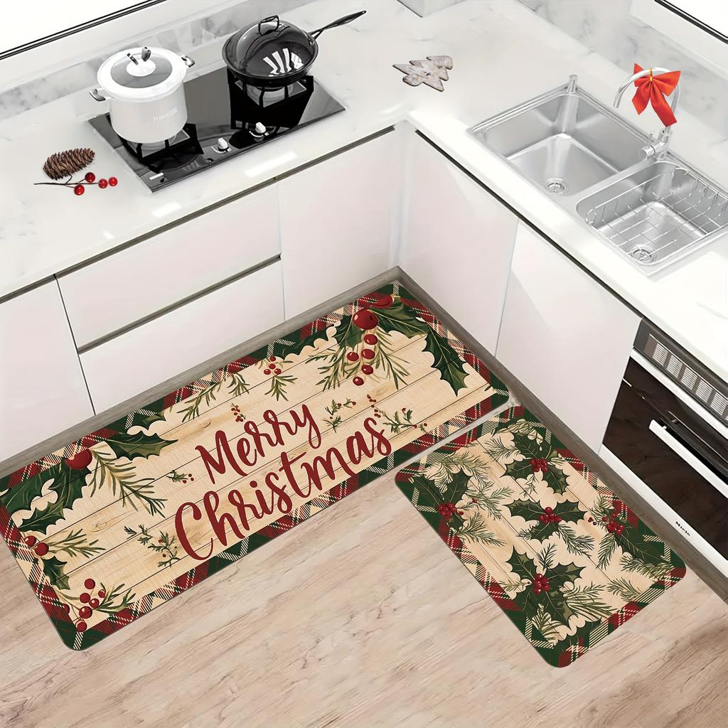 2 Stück Anti-Ermüdungs-Küchenteppiche, Weihnachts-Vintage-Karomuster, wasserdicht, rutschfest, dick gepolstert, Küchenmatte, strapazierfähig, bequeme Stehmatte für die Küche