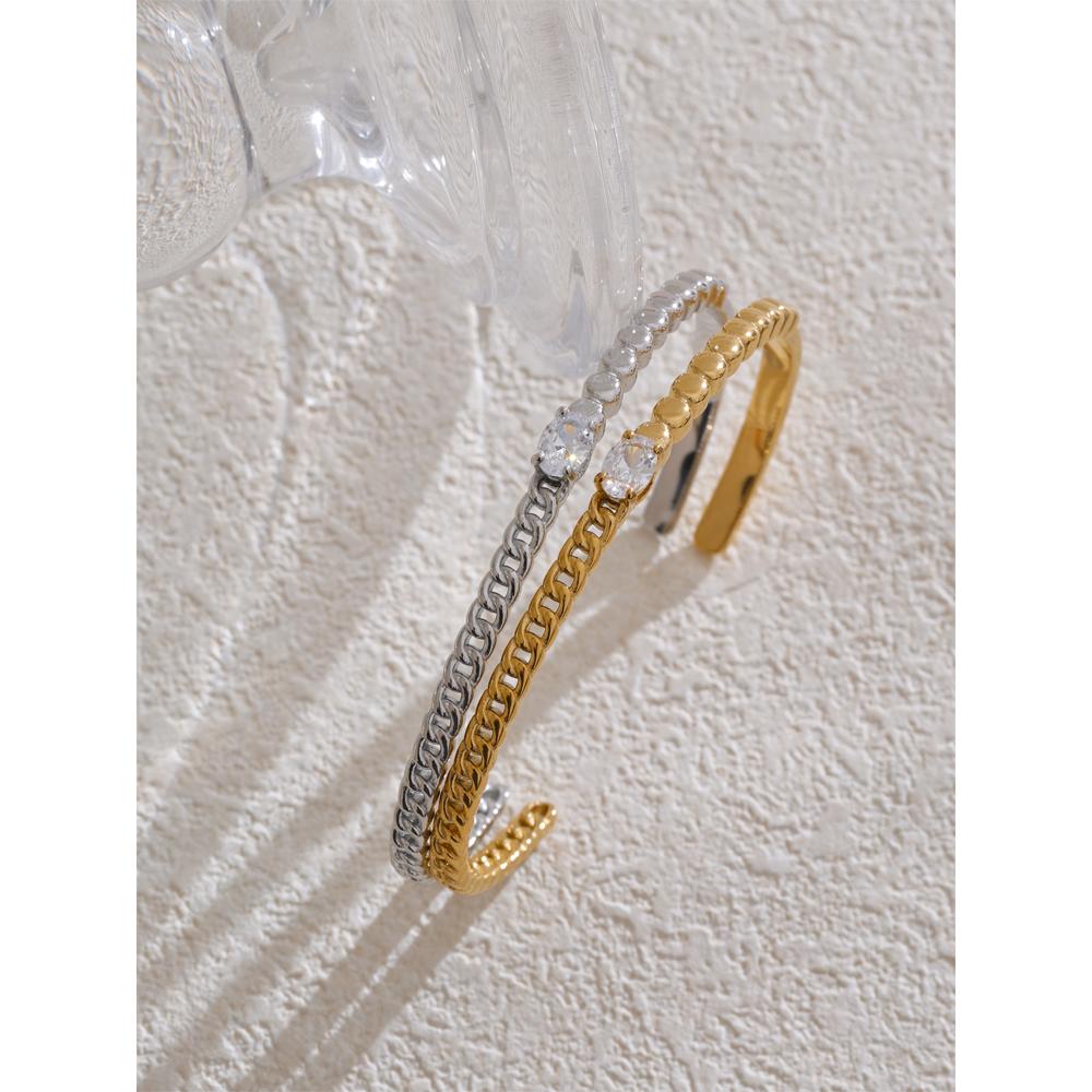 Yhpup Trendy Stainless Steel Zircon Chain Cuff Open Bracelet Bangle Waterproof Fashion Wrist Jewelry Accessories