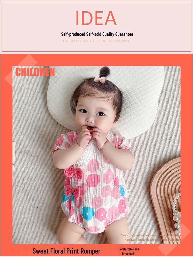 Baumwoll-Strampler für Baby-Mädchen im koreanischen Stil - Sommerlicher bedruckter Body mit Druckknopfverschluss im Schritt