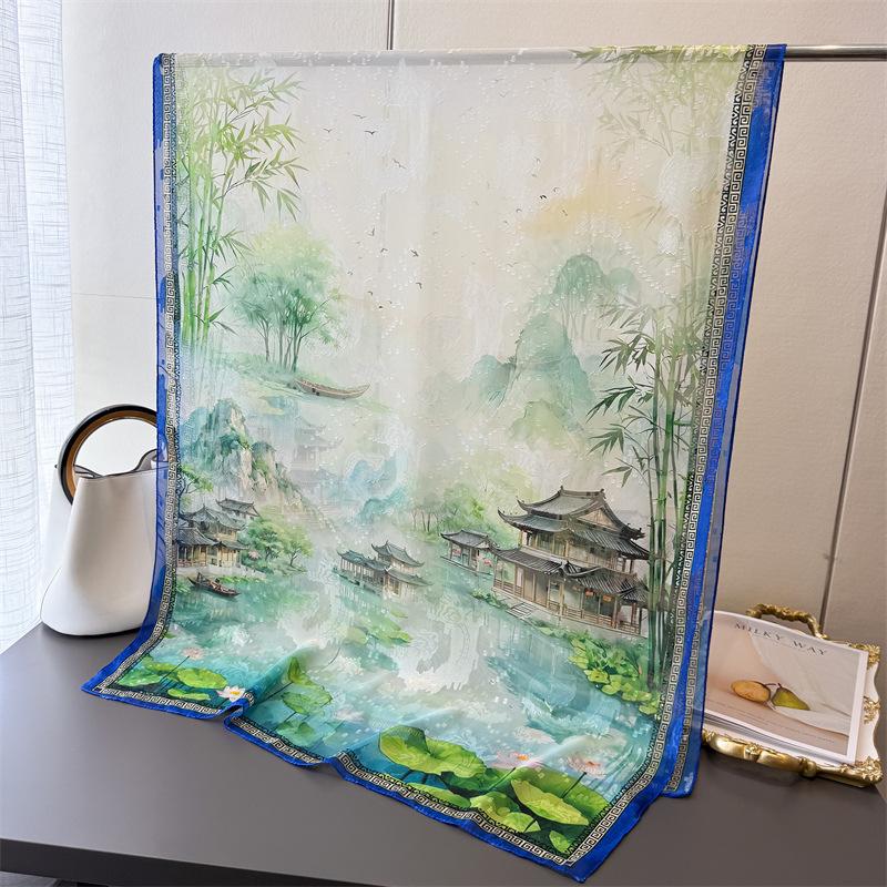 Water Town Picture Printing Flower Cutting Spring And Summer Silk Scarf Large Long Scarf High Sense Travel Shawl Sun Protection Women'S Scarf
