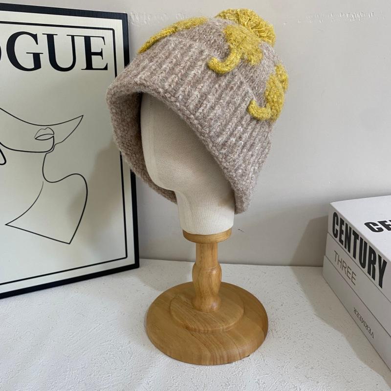 JYL TS DIY Cat Beanie Unisex Autumn Winter Color Block Pom-pom Warm Hat Acrylic