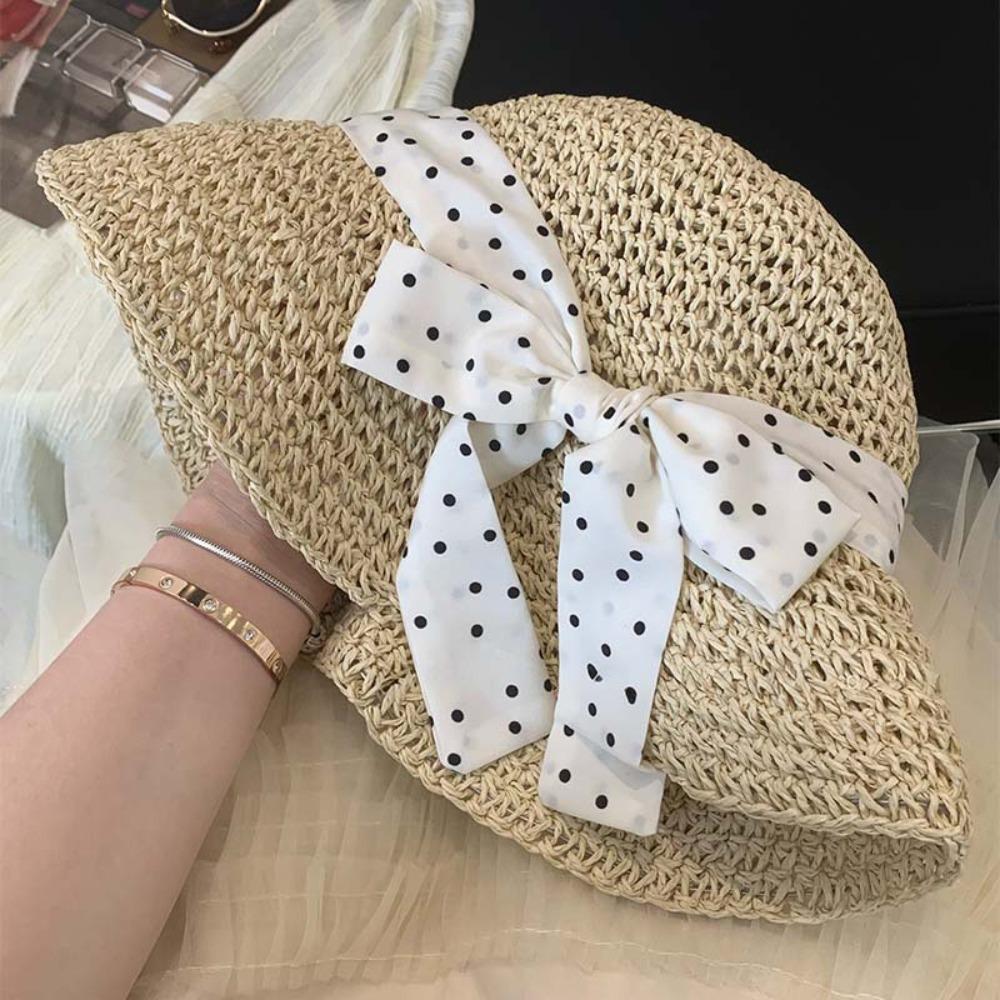 Wide Brim Straw Hat Polka Dot Sunshade Hat Fashion Sunscreen Hat  Seaside Beach