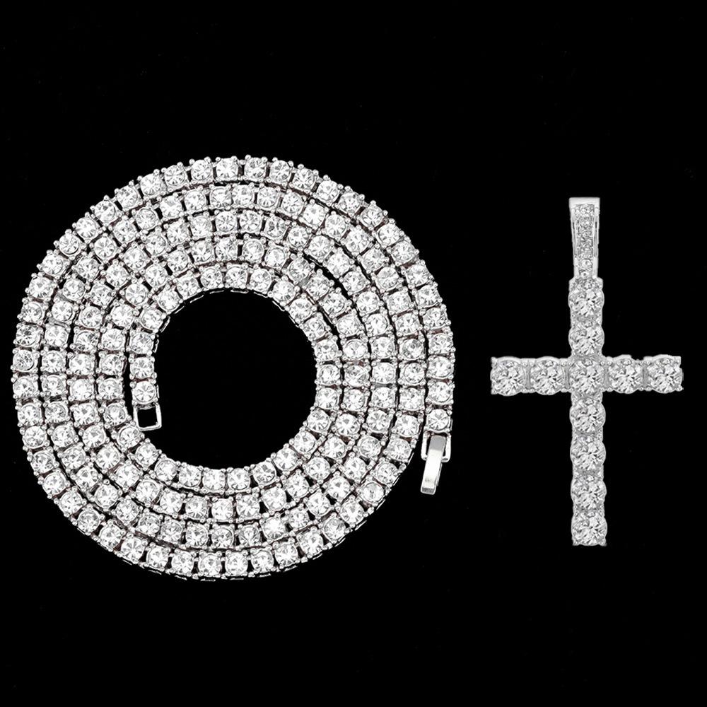 Hip Hop Cross Pendant Layered Necklace, 4mm Rhinestone Tennis Chain Set for Men Women