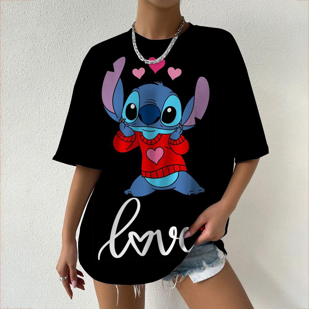 Kawaii Women's T-shirt Disney Lilo&Stitch Casual Y2k T-shirt Round Neck Short Sleeved T-shirt 2025 Summer Women's Clothing
