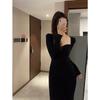 Niche square collar knitted dress women's autumn and winter inner fit slim temperament slim knee hip wrap long skirt