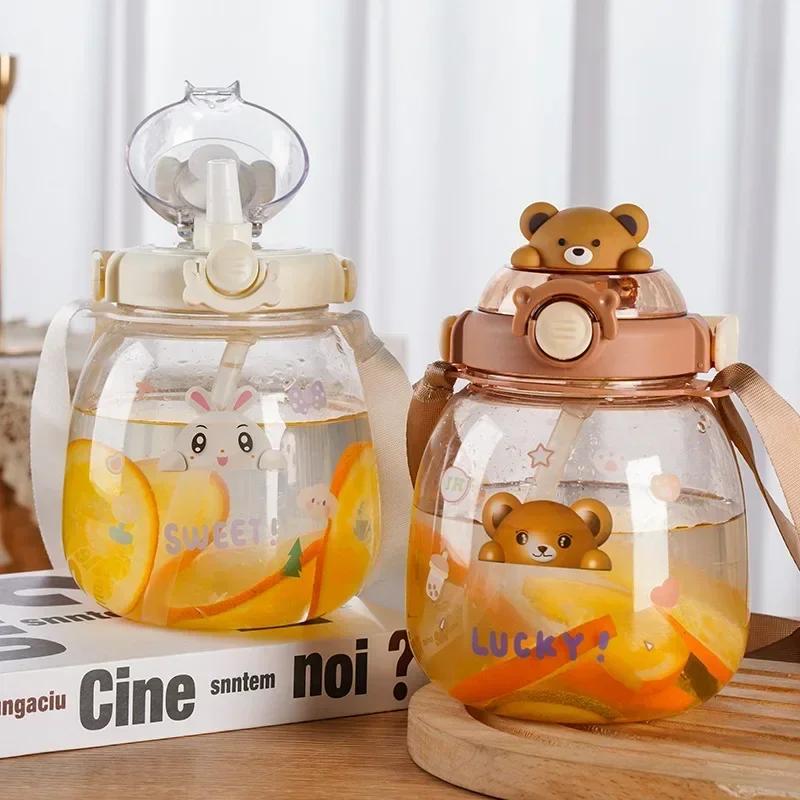 Kawaii Bear Water Bottle Large Capacity Leak Proof Straw Cup for Juice Milk Bubble Tea Kids Girls