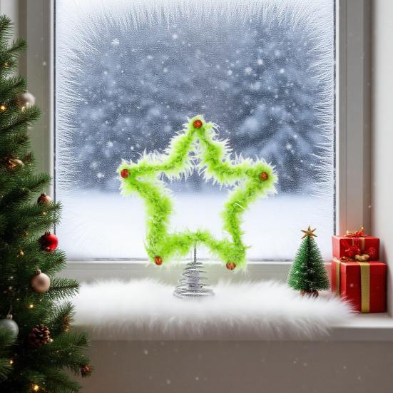 Furry Green Elf Tree Top Star 3D Plush Faux Fur Star Christmas Treetop Ornament with Red Balls for Xmas Tree Holiday Home Party Decor