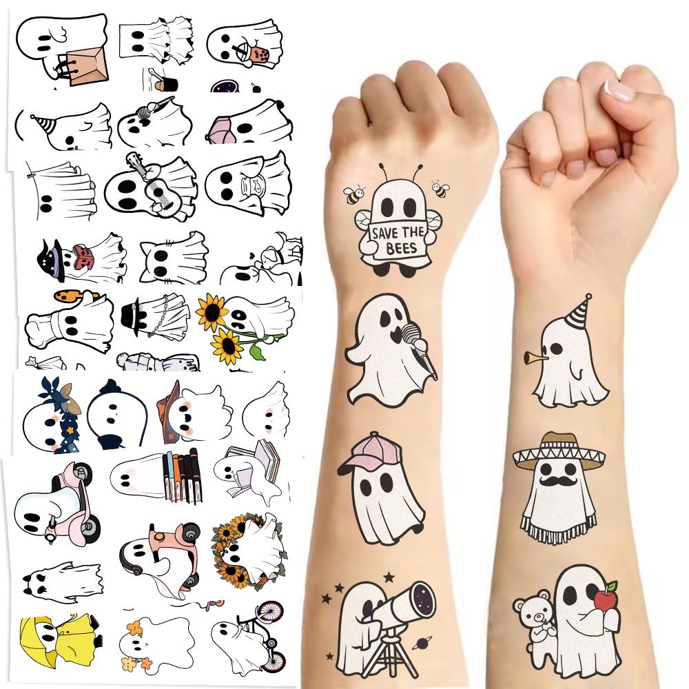 10Pcs Halloween Cute Ghost Temporary Tattoo Stickers Cartoon Horror Tattoos Stickers Waterproof Funny Decals For Kids Gift