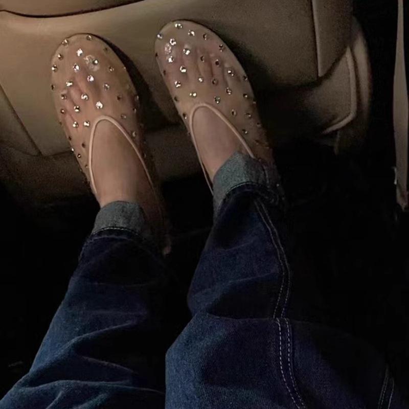 Niche premium Mary Jane shoes mesh yarn breathable rhinestone shallow mouth flat sole shoes women
