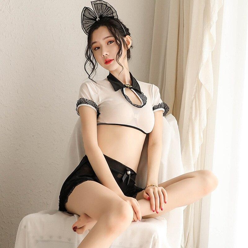 Maid Uniform Cosplay Sexy Women Perspective Erotic Lingerie Lace Pierced Top Short Skirt Set