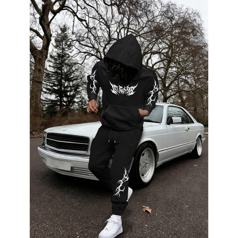 

Men s Spring and Autumn Gothic Pullover Sweatshirt with Drawstring Sweatpants Set, Y2K Pattern Print, Suitable for Streetwear Enthusiasts S