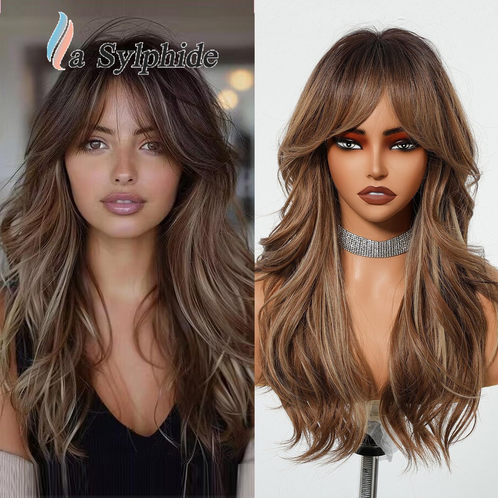 Women S Full Wig, Brown & Golden Gradient Long Curly Hair With Eight‑Character Bangs, Rose Mesh Wefted Wig swlc1261-1