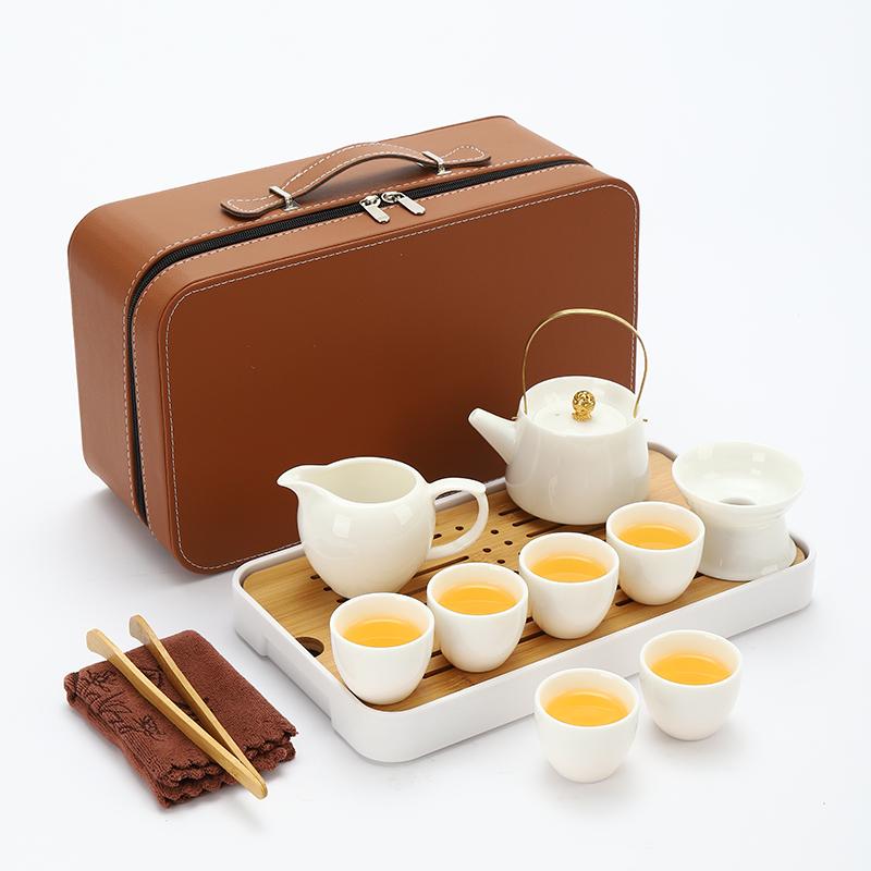 Jade White Porcelain Travel Tea Set: Portable Kung Fu Gaiwan Teapot & Teacups for Home and Outdoor Brewing