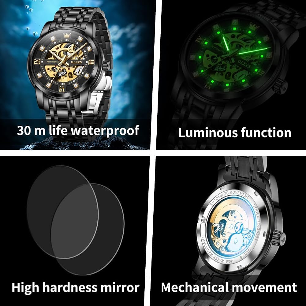 OLEVS G9901 Men's Automatic Mechanical Watch Stainless Steel Bezel Luminous Waterproof Classic Black Band Black Dial