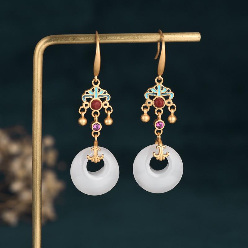 Guochao Palace-Style Retro Enamel Cloisonné Earrings with Jade Accents