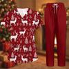 Women's Christmas Print Short Sleeve Scrub Two-Piece Set with Pocketed Top and Pants