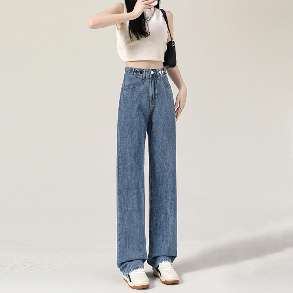 Autumn and Winter Denim Wide-leg Pants Women's High Waist Adjustable Loose and Thin New Design Straight Mopping Pants