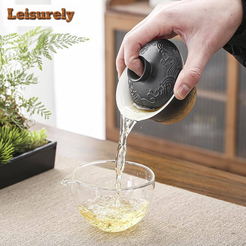 Black Pottery Teapot And Tea Cup Set Kit Tea Making Travel Tea Set Outdoor Portable Bag Chinese Tea Set Supplies 1 Bowl 2 Cups