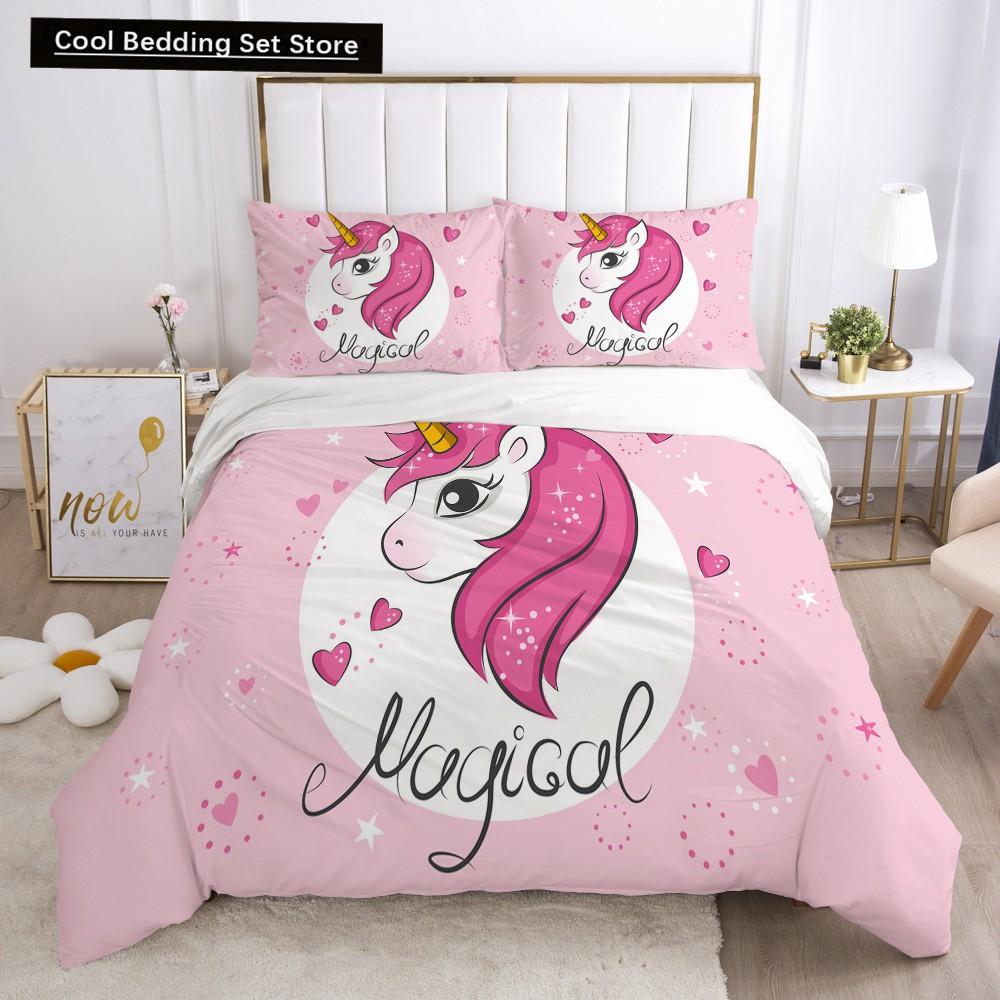 Children Kids Baby Pink Bedding Set Queen King Cartoon Unicorn White Duvet Cover Twin Full Colorful 2/3pcs Polyester Quilt Cover
