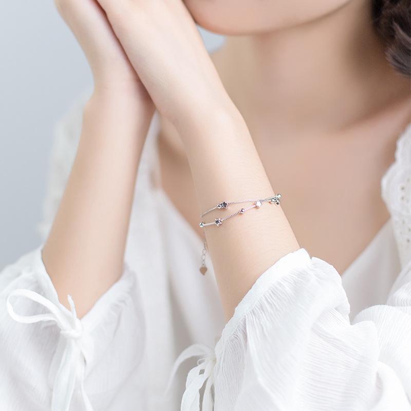 Fashion 925 Sterling Silver Glossy Star Beads Layer Chain Bracelets Women Jewelry