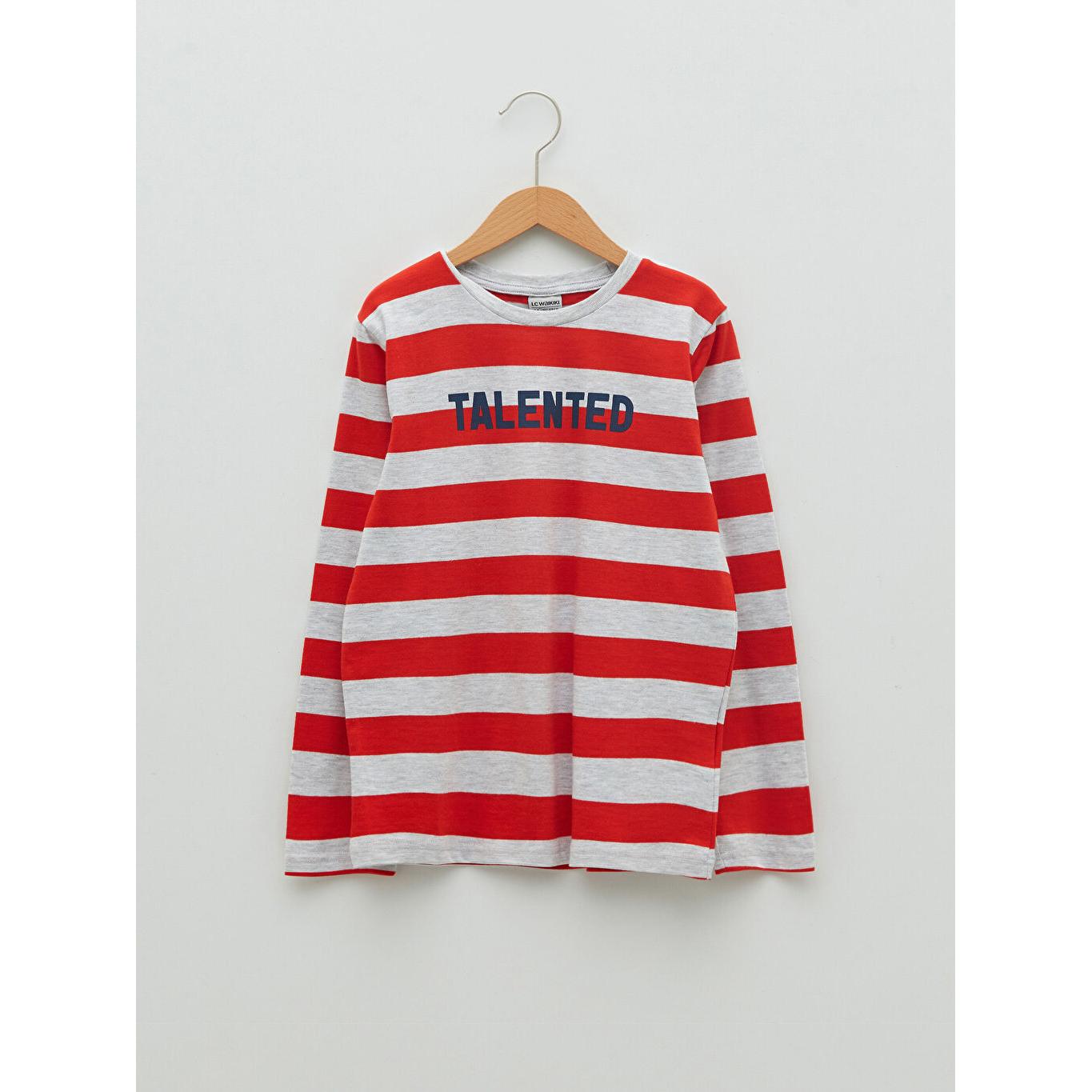 

Полосатая футболка с круглым вырезом и длинными рукавами для мальчиков, красная