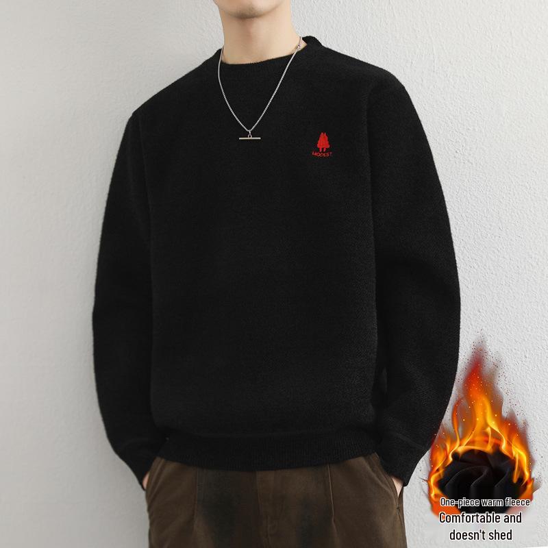 Men's Youth Velvet Thickened Wool Sweater - Embroidered, Warm, Trendy Round Neck Knitwear for Autumn and Winter