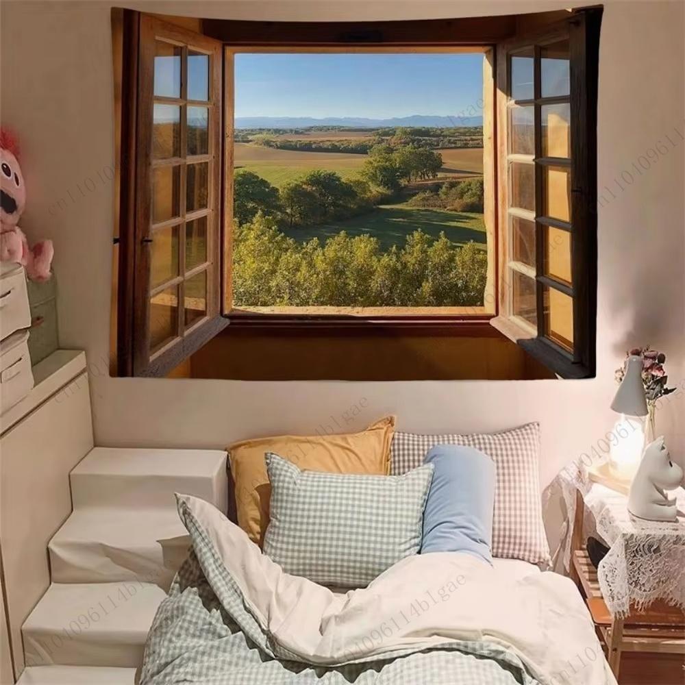 Illusion Window Tapestry Nature Scene Wall Art For Room Decor Rustic Aesthetic Living Room Background Ins Style Home Decoration