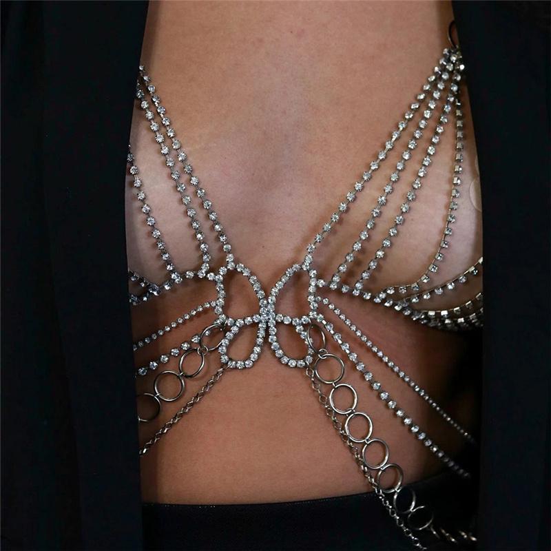 Luoyan Multilayer Butterfly Body Chain Nightclub Rhinestone Belly Chain Bra Sexy Bikini Waist Chain Accessories for Women