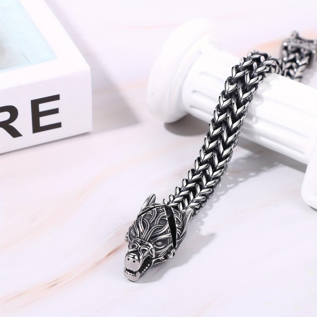 Men'S Nordic Viking Wolf Head Chain Bracelet Punk Norwegian Rider King Stainless Steel Chain