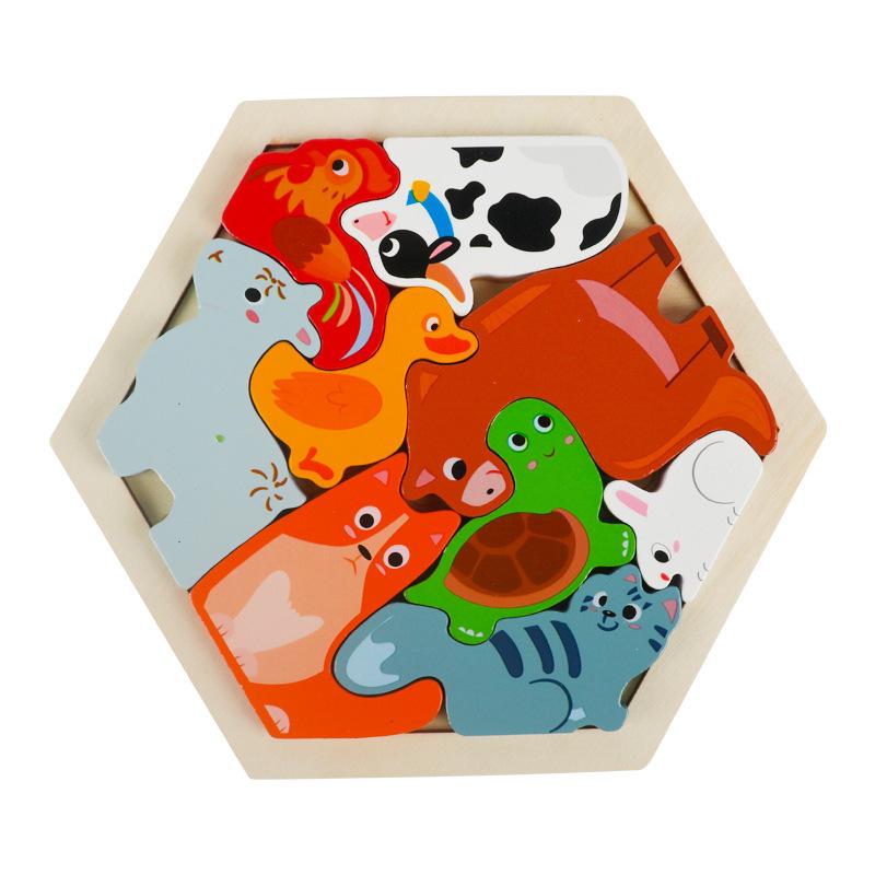 Children's Wooden Three-dimensional Hexagonal Puzzle Animal Traffic Puzzle Building Block Early Education Educational Enlightenment Toy