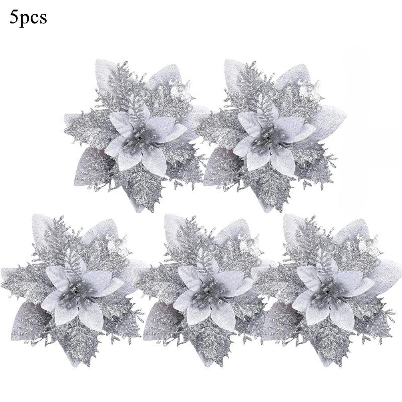 

1/3/5 шт. Рождественские цветы с блестками, искусственная пуансеттия, цветочные украшения для рождественской елки, гирлянды для дома, свадебного торжества Silvery 5PCS
