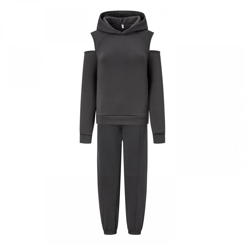 2026 Women's European & American Fashion Solid Color Two-Piece Set: Hooded Cropped Sweatshirt & Joggers