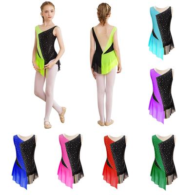Kinder-Mädchen-Gymnastik-Ballett-Overall, glitzernder Strass-Body mit durchsichtigem Netzstoff, Lyrical Dancewear